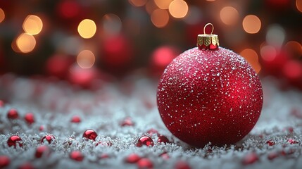 Fototapeta premium A vibrant red Christmas ornament resting on a snowy surface amidst shimmering golden lights during the holiday season