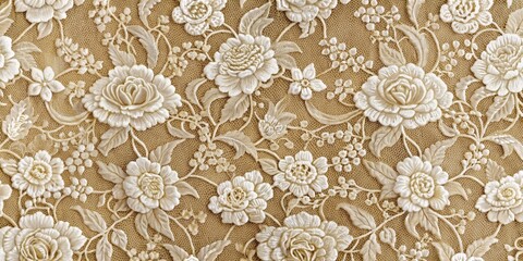 Embroidered Floral Lace Fabric, Close-Up, White, Beige, Floral Pattern, lace, textile