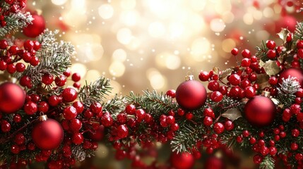 Festive Christmas decorations with red berries and ornaments creating a warm holiday atmosphere during the winter season