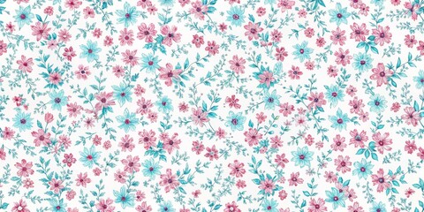 Floral Sketch Pattern - Blue and Pink Flowers, White Background, Seamless Repeat, Vintage, Floral Pattern, Textile Design , floral
