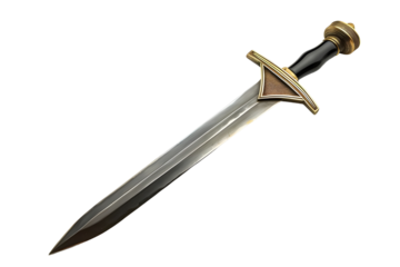 Medieval sword with a gold hilt. Isolated on a transparent background.