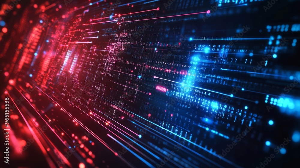 Fototapete A dynamic digital network background, glowing circuits and flowing data streams representing advanced technological abilities and processes