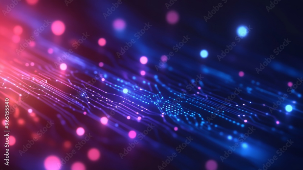 Poster vibrant digital illustration of a network with interconnected nodes and colorful light emissions aga