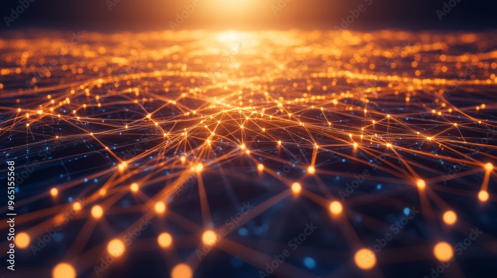 Poster An electrifying network design of interlinked nodes glowing with multicolored light against a shadowy background.