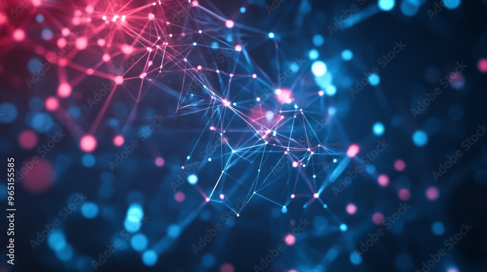Leinwandbilder A bright and intricate network of interconnected nodes emitting colorful light set against a dark backdrop.