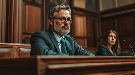 Portrait of a lawyer presenting evidence in court, with the judge listening intently in a wooden courtroom setting.
