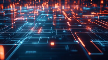 Vibrant digital rendering of a futuristic circuit board with glowing blue and orange lines and floating particles.