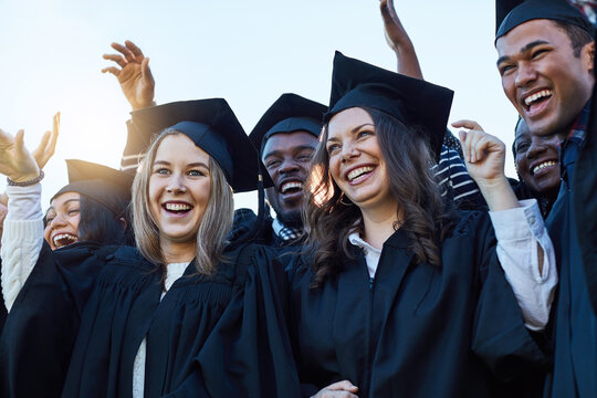 Celebration, university and group of students at graduation with award ceremony, achievement and education. Class, excited friends or happy people at college event with smile, opportunity and success