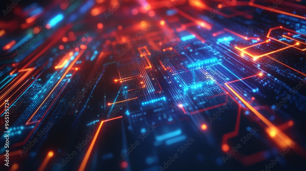 Leinwandbilder a bright digital representation of a futuristic circuit board with glowing blue and orange lines and