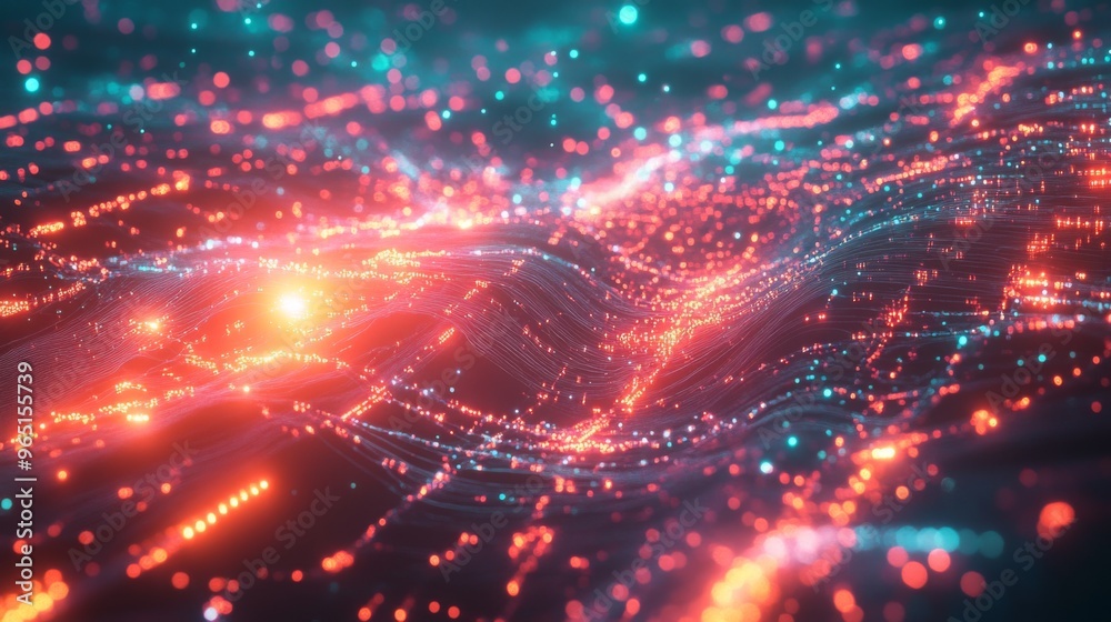 Poster a stunning background of vibrant digital waves is illuminated by red and blue light particles.