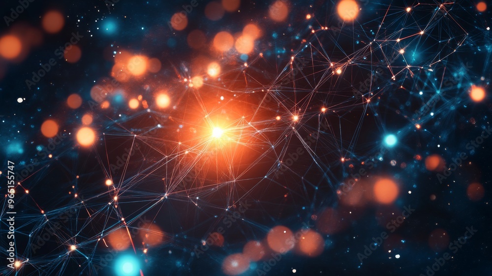 Fototapete a colorful web of interconnected nodes emitting light in an artistic digital design on a dark canvas