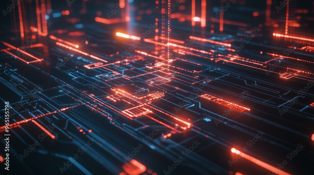 Leinwandbilder A bright digital representation of a futuristic circuit board with glowing blue and orange lines and scattered floating particles.