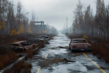 A deserted, apocalyptic highway with abandoned cars and overgrowth