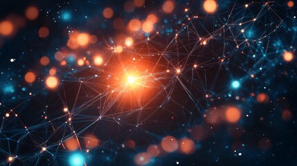 A colorful web of interconnected nodes emitting light in an artistic digital design on a dark canvas.