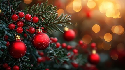 Obraz premium A beautifully decorated Christmas tree with red ornaments and bright lights creating a festive atmosphere during the holiday season