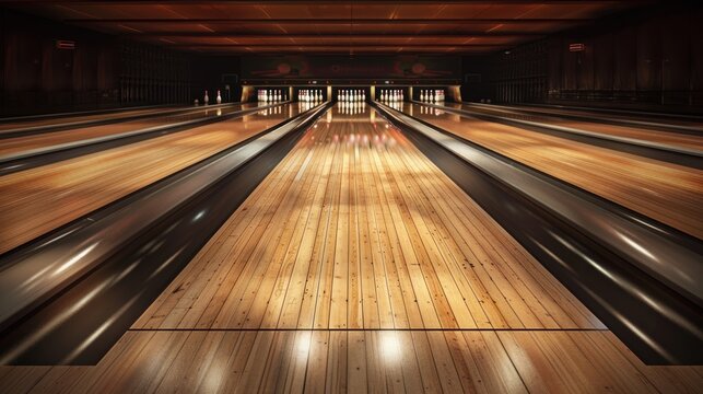 Photograph of bowling balls on a wooden bowling alley with lanes, blurry courtyard surface.