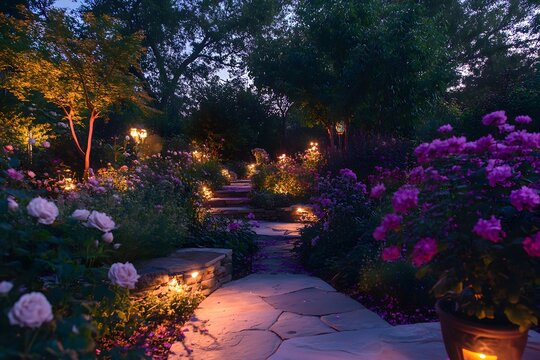 A enchanting, moonlit garden with night-blooming flowers and romantic lighting
