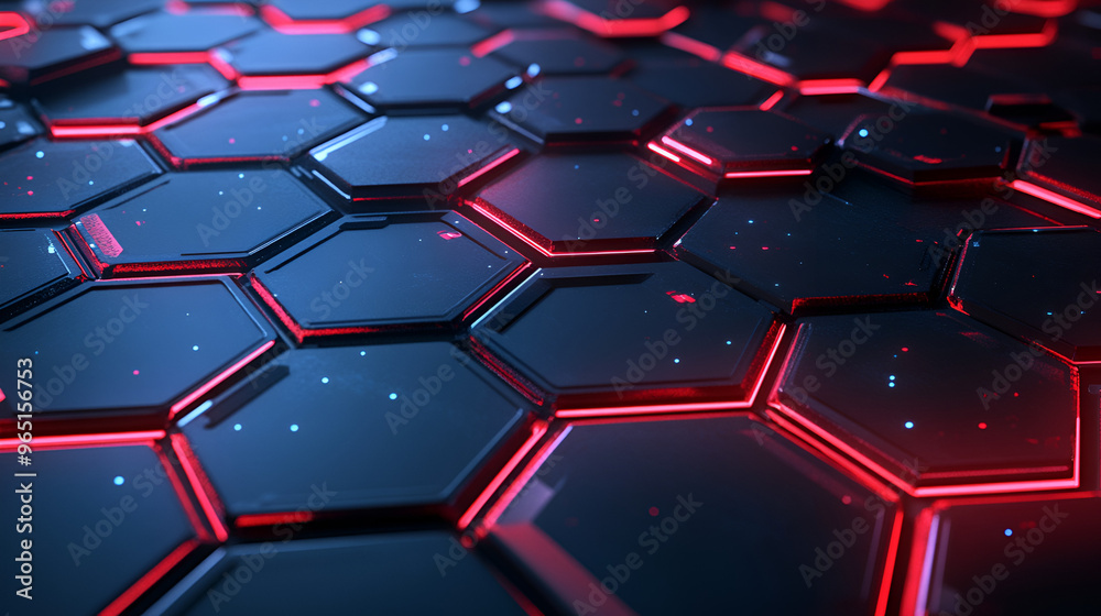 Wall mural Dark hexagons with red light futuristic background 3d render illustation