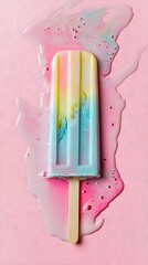 Melted Rainbow Popsicle on Pink Background