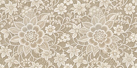 Intricate Lace Floral Pattern in Beige and White Tones, Seamless Vector Illustration, Floral, Lace, Pattern , Vector, Seamless