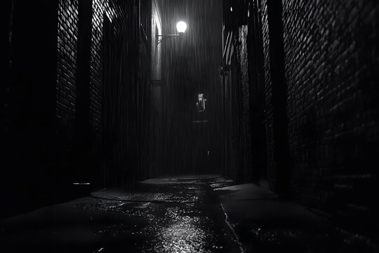 Rain-soaked film noir alleyway with a single, dim streetlamp