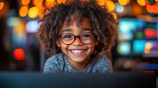 Happy child with curly hair and glasses smiling at a computer screen.