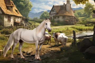 Obraz premium Horse in village fantasy remix