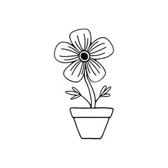 A black and white line drawing of a potted flower