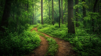 Fototapeta premium A forest path with a dirt road leading through it