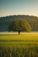 Beautiful tree in the middle of a field covered with grass with the tree line in the background