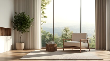 Fototapeta premium Minimalist living room with wooden furniture and cozy armchair, natural lighting, and neutral tones for a warm, peaceful atmosphere.