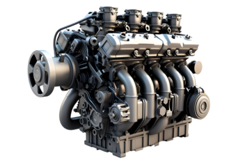 High-performance turbocharged engine with exposed components. Isolated on a transparent background.