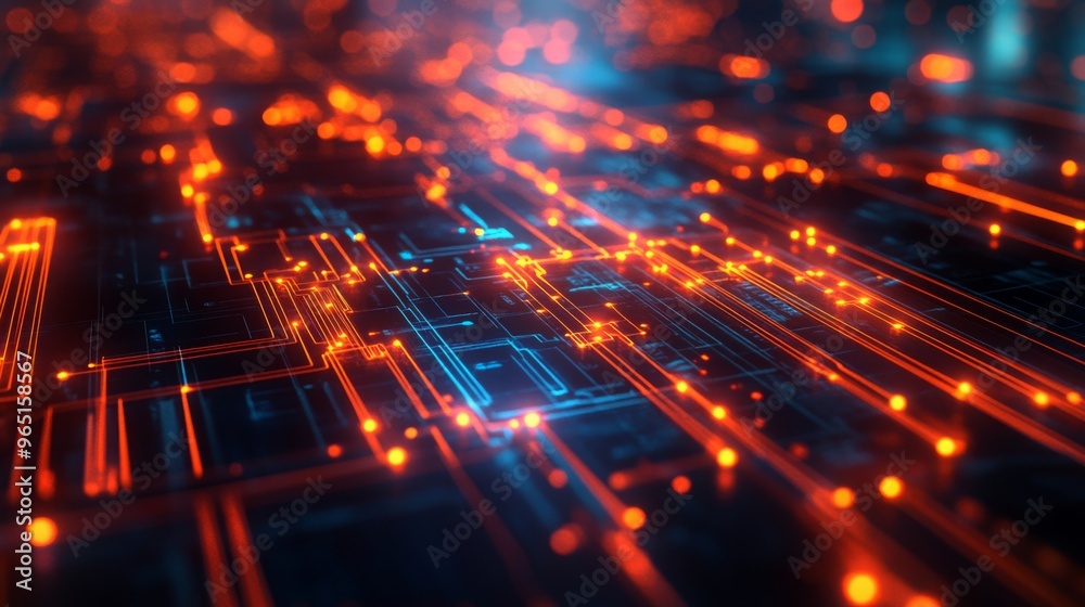 Fototapete a visually stunning digital rendition of a futuristic circuit board, glowing with blue and orange li