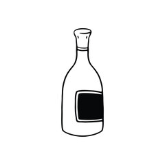 A black and white line drawing of a wine bottle with a label