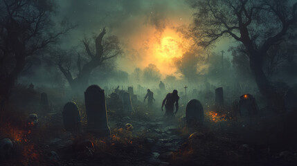 A graveyard with a full moon in the background