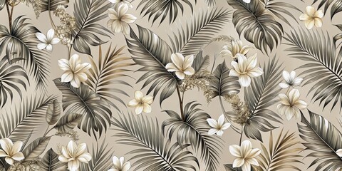 Tropical Paradise Monochromatic Palm Leaves and Flowers, Floral, Tropical, Pattern