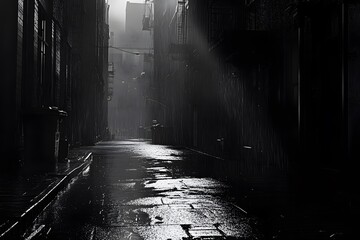 A somber, black-and-white film noir-inspired city street with rain and shadows