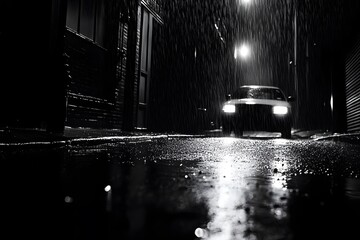A somber, black-and-white film noir-inspired city street with rain and shadows