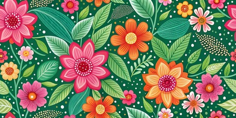 Vibrant Floral Paradise Hand-Painted Watercolor Illustration, Green Background, Colorful Flowers, Floral Pattern, Nature, Garden, Artwork