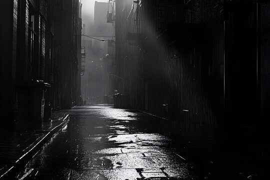 A somber, black-and-white film noir-inspired city street with rain and shadows