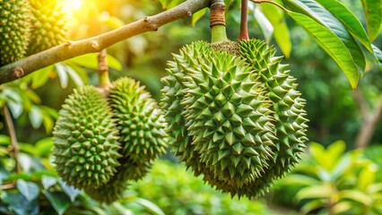 * Close-up of durian's spiky exterior on a tree anchored by lush green leaves in a vibrant tropical