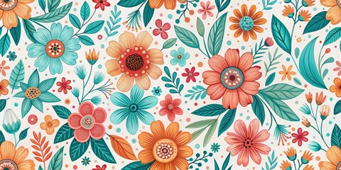 Vibrant Floral Watercolor Pattern with Orange, Teal and Red Flowers, White Background, Digital Art, Seamless, Flower Pattern, Watercolor