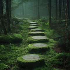 "Tranquil Forest Path with Moss-Covered Rocks"

