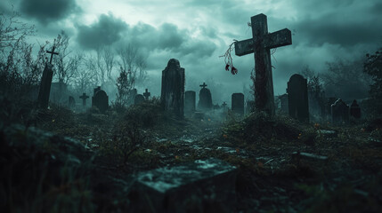 A graveyard with a cross and a few gravestones