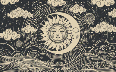 Celestial astrology card of the sun and moon with face, vector esoteric poster of zodiac, horoscope, tarot. Creation of the Universe with clouds, stars and sun.