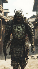 Obraz premium A samurai wearing menacing armor made from oni material, with a helmet, walking through an Edo period town during bright daylight
