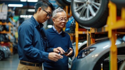 An Asian expert recommends new tires on the shelf to a middle-aged customer. Standard car repair center