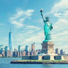 Fototapeta premium The Statue of Liberty over the Scene of New york cityscape river side which location is lower manhattan,Architecture and building with tourist concept