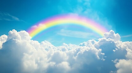 Rainbow arcing over fluffy clouds in a blue sky, serene nature scenery concept