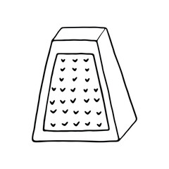 A black and white outline drawing of a cheese grater, emphasizing its essential shape and texture